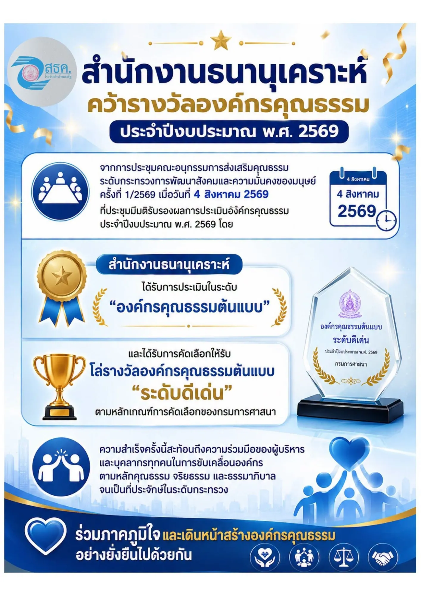 สำนักงานธนานุเคราะห์ได้รับการรับรองเป็น "องค์กรคุณธรรมต้นแบบ" และได้รับโล่รางวัลองค์กรคุณธรรมต้นแบบ "ระดับดีเด่น" ประจำปีงบประมาณ พ.ศ. 2569