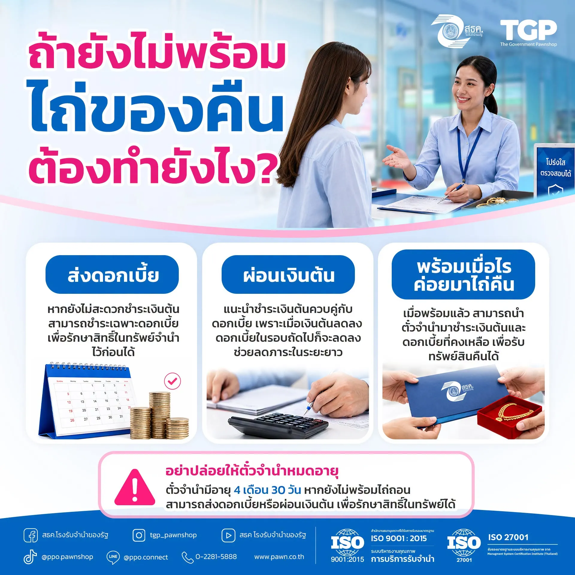 หากยังไม่พร้อมชำระเงินต้นทั้งหมด ไม่จำเป็นต้องรีบไถ่ทันที  เพราะ สธค. มีทางเลือกให้คุณบริหารได้ตามความพร้อม